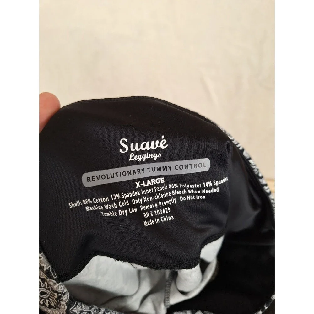 Suave Tummy Control Black White Paisley Print Women's Leggings XL Yoga Athletic